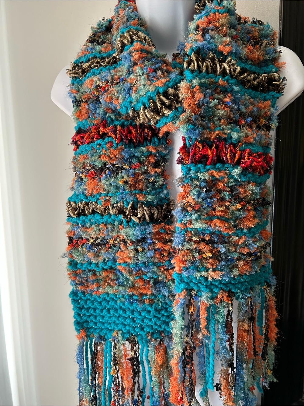 Vibrant Teal & Orange Textured Knit Scarf with Multicolor Fringe
